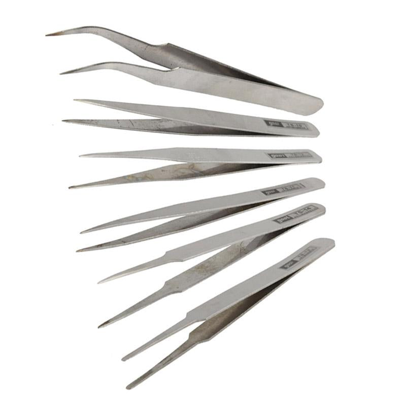 Set Of 6 Stainless Steel Straight And Angled Tweezers - Grey-1915197757459664904