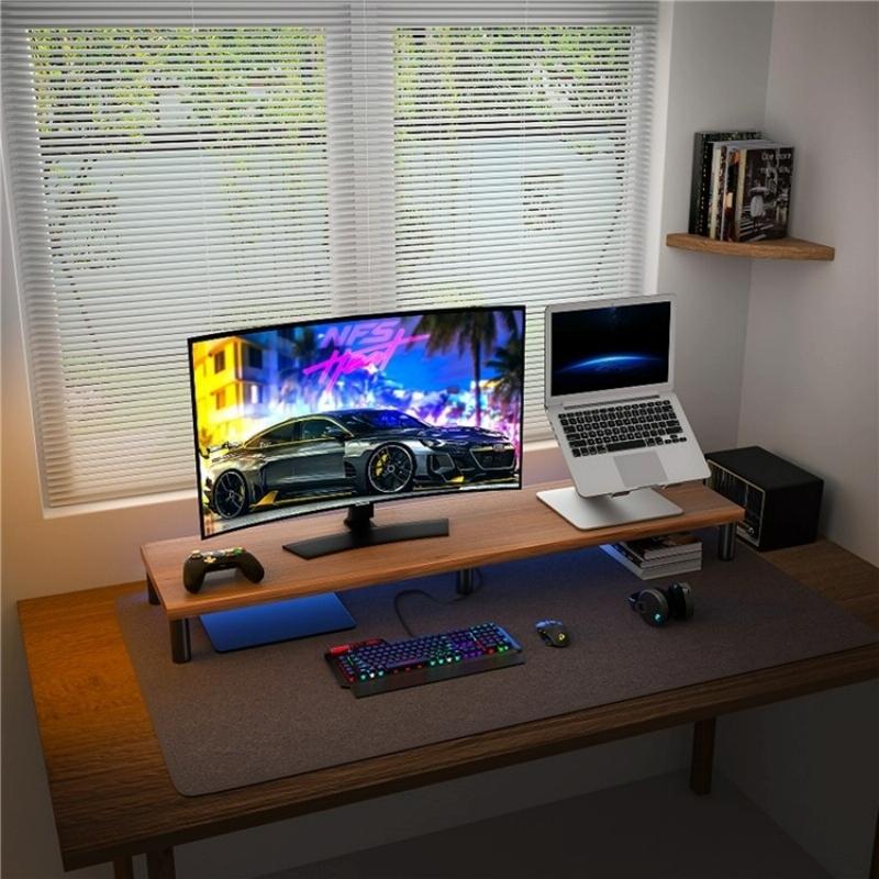 Aluminum Alloy Desktop Monitor Stand With Wooden Plate Riser-1964932360696893442