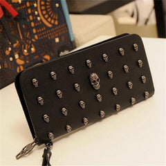 Leather Wristlet Handbag With Metal Skull Design-1915198239058038791