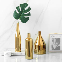 Gold Plated Ceramic Flower Vase - Desktop Decorative Three-Piece Set-1915197834530000901