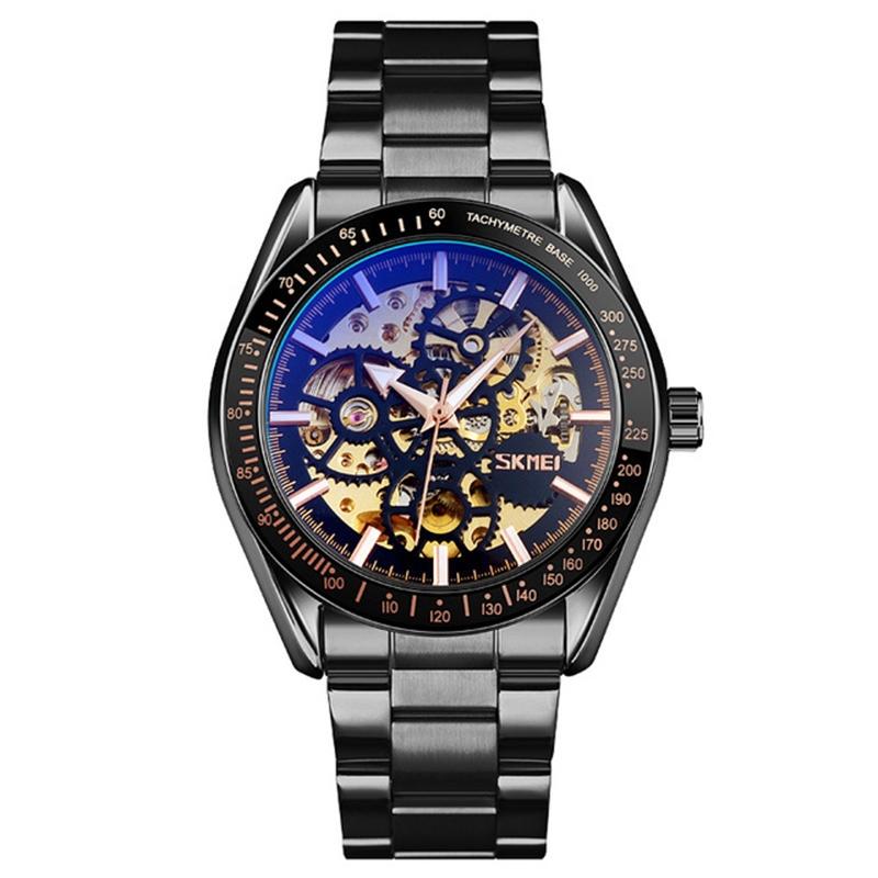 Men Automatic Skeleton Mechanical Watch With Steel Band - Black-1969996474930565120