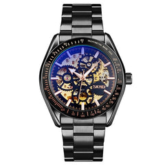 Men Automatic Skeleton Mechanical Watch With Steel Band - Black-1969996474930565121