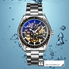 Men Automatic Skeleton Mechanical Watch With Steel Band - Black-1969996474930565124