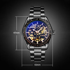 Men Automatic Skeleton Mechanical Watch With Steel Band - Black-1969996474930565127