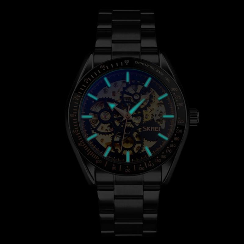 Men Automatic Skeleton Mechanical Watch With Steel Band - Black-1969996474930565128