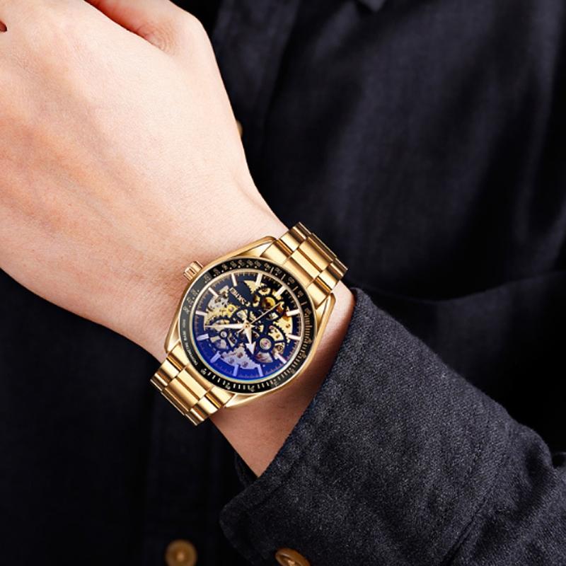 Men Automatic Skeleton Mechanical Watch With Steel Band - Black-1969996474930565129