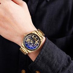 Men Automatic Skeleton Mechanical Watch With Steel Band - Black-1969996474930565129