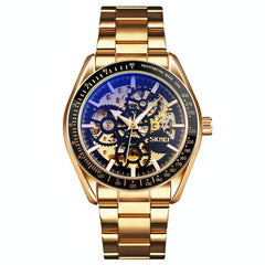 Golden Black Face Men Automatic Skeleton Watch With Steel Band-1915197961290256385