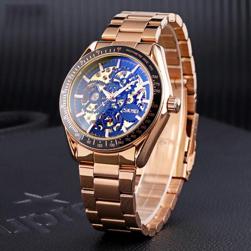 Golden Black Face Men Automatic Skeleton Watch With Steel Band-1915197961290256387