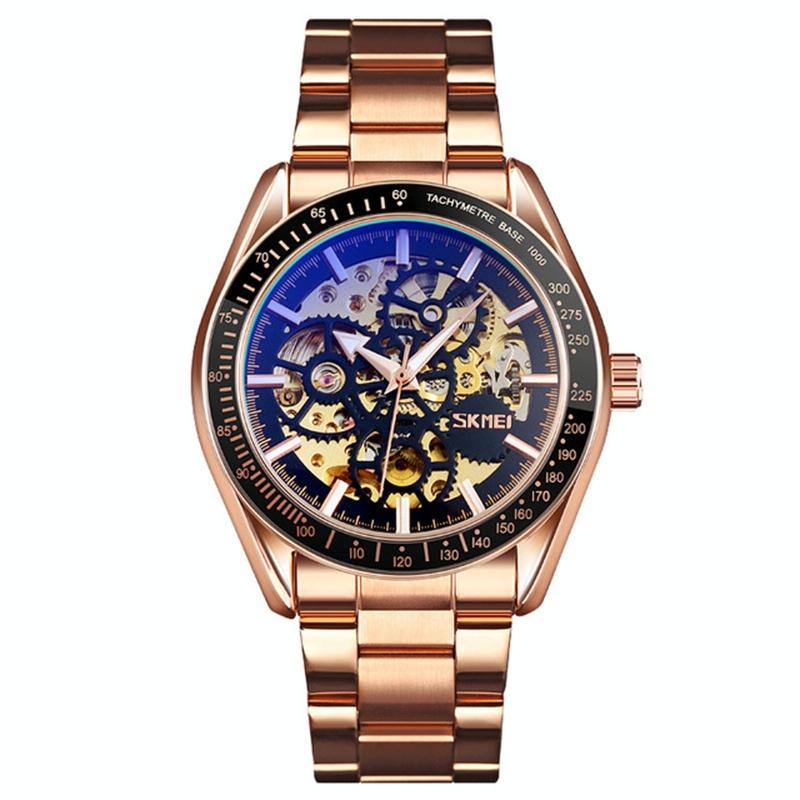 Rose Gold Automatic Skeleton Watch For Men With Steel Band-1915197798190551040