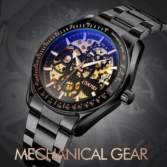 Golden Steel Band Automatic Skeleton Watch For Men-1915197616329723906