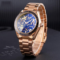 Golden Steel Band Automatic Skeleton Watch For Men-1915197616329723907