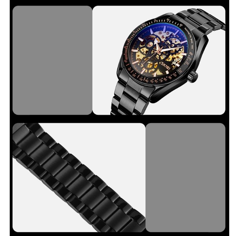 Golden Steel Band Automatic Skeleton Watch For Men-1915197616329723909