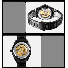 Golden Steel Band Automatic Skeleton Watch For Men-1915197616329723910