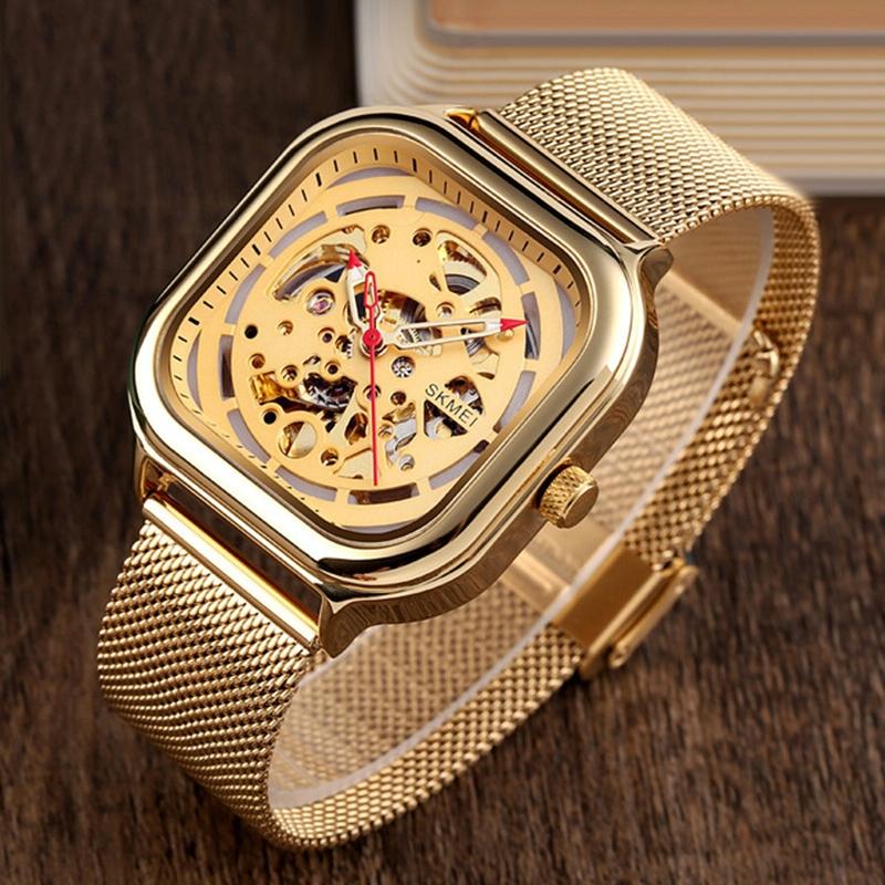 Men Automatic Tourbillon Watch With Hollow Square Mesh - Gold-1915197991451496450
