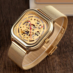 Men Automatic Tourbillon Watch With Hollow Square Mesh - Gold-1915197991451496450