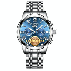 Men Multi-Function Quartz Watch With Blue Dial And White Steel Band-1915197993368293383