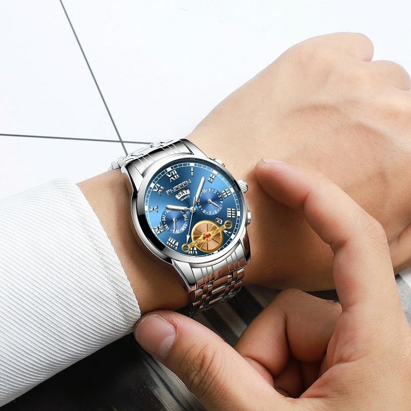 Men Multi-Function Quartz Watch With Blue Dial And White Steel Band-1915197993368293382