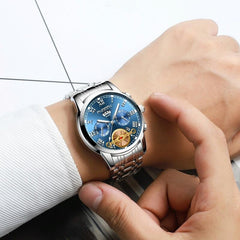 Men Multi-Function Quartz Watch With Blue Dial And White Steel Band-1915197993368293382