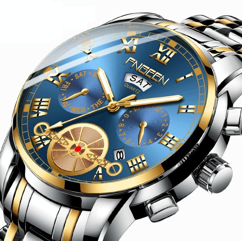 Men Multi-Function Quartz Watch - Black Steel With White Face And Gold Accents-1915197710860947458