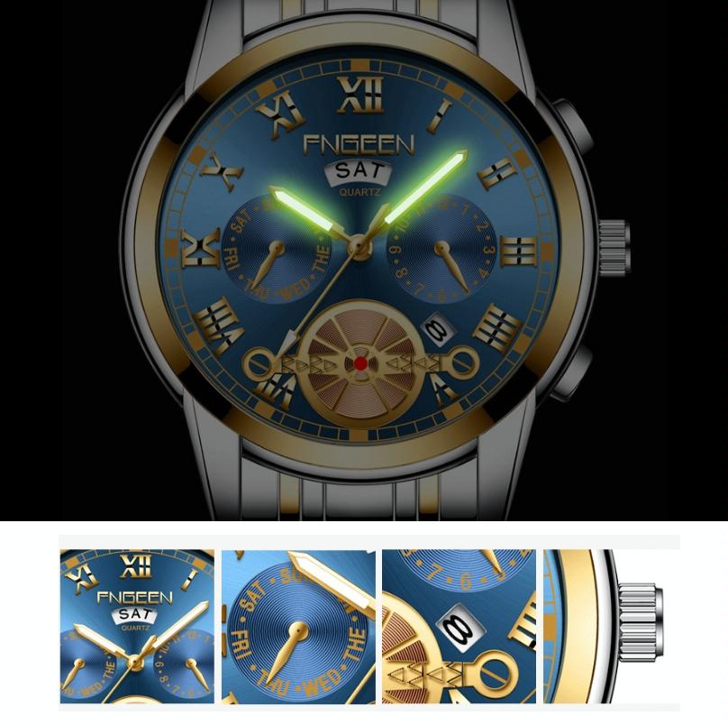 Men Multi-Function Quartz Watch - Black Steel With White Face And Gold Accents-1915197710860947459