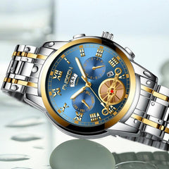 Men Multi-Function Quartz Watch - Black Steel With White Face And Gold Accents-1915197710860947460