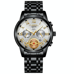 Men Multi-Function Quartz Watch - Black Steel With White Face And Gold Accents-1915197710860947456
