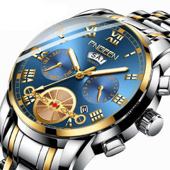 Men Multi-Function Quartz Watch With Brown Leather Strap And Gold Black Dial-1915197541528506370