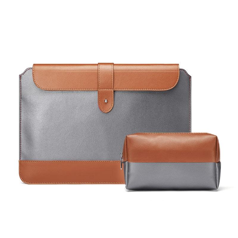 13-14 Inch Horizontal Microfiber Notebook Liner & Power Bag - Gray & Brown-1915198417387261959
