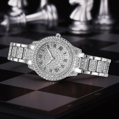 Silver Full Diamond Roman Steel Strap Quartz Watch-1915197690787008513