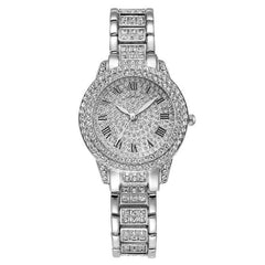 Silver Full Diamond Roman Steel Strap Quartz Watch-1915197690787008517