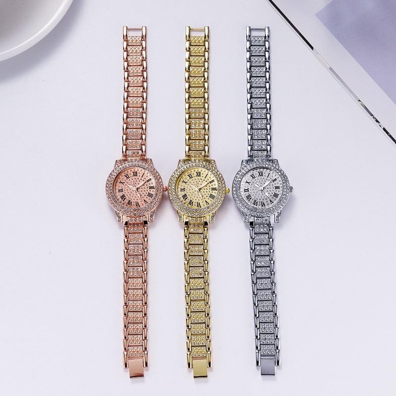 Silver Full Diamond Roman Steel Strap Quartz Watch-1915197690787008514