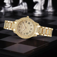 Gold Steel Strap Quartz Watch With Full Diamond Roman Numerals & Bracelet-1915197836610375681