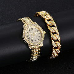 Gold Steel Strap Quartz Watch With Full Diamond Roman Numerals & Bracelet-1915197836610375685