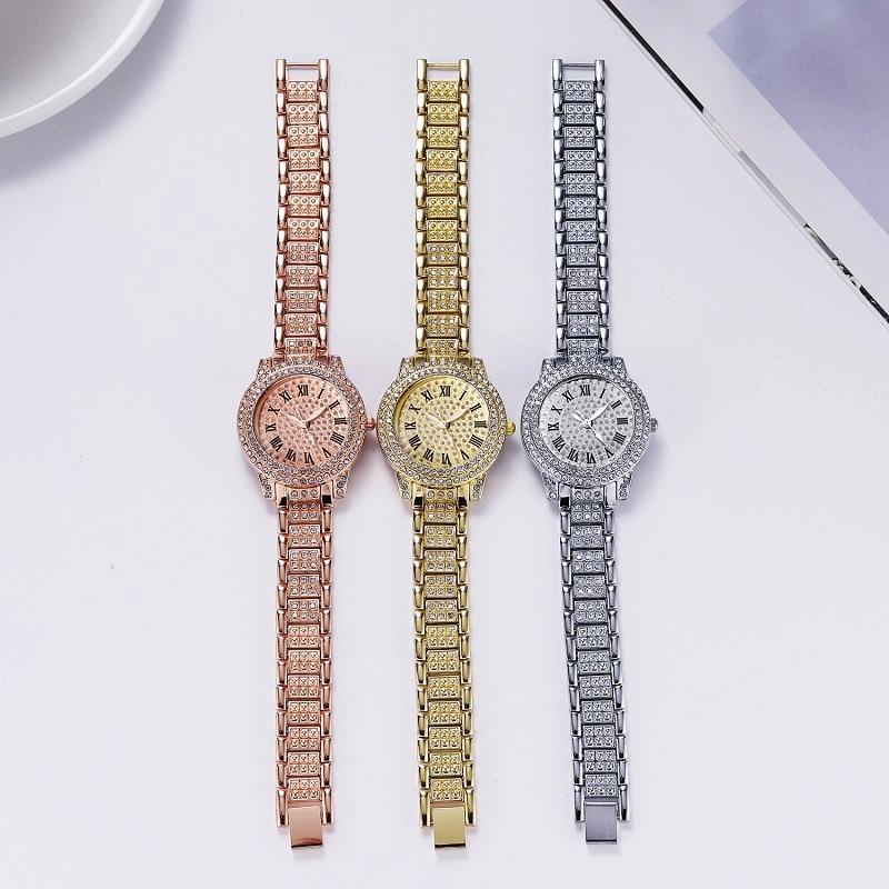 Gold Steel Strap Quartz Watch With Full Diamond Roman Numerals & Bracelet-1915197836610375682