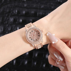 Gold Steel Strap Quartz Watch With Full Diamond Roman Numerals & Bracelet-1915197836610375684