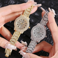 Roman Steel Quartz Watch With Full Diamond Strap & Rose Gold Bracelet-1915197646956531715