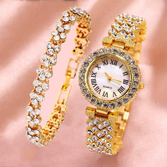 Gold Roman Diamond Watch & Bracelet Set For Women-1915197804704305157