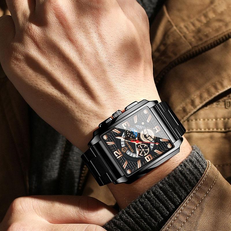 Vintage Square Multifunctional Luminous Quartz Watch For Men - Gold And Black-1915197823066968069