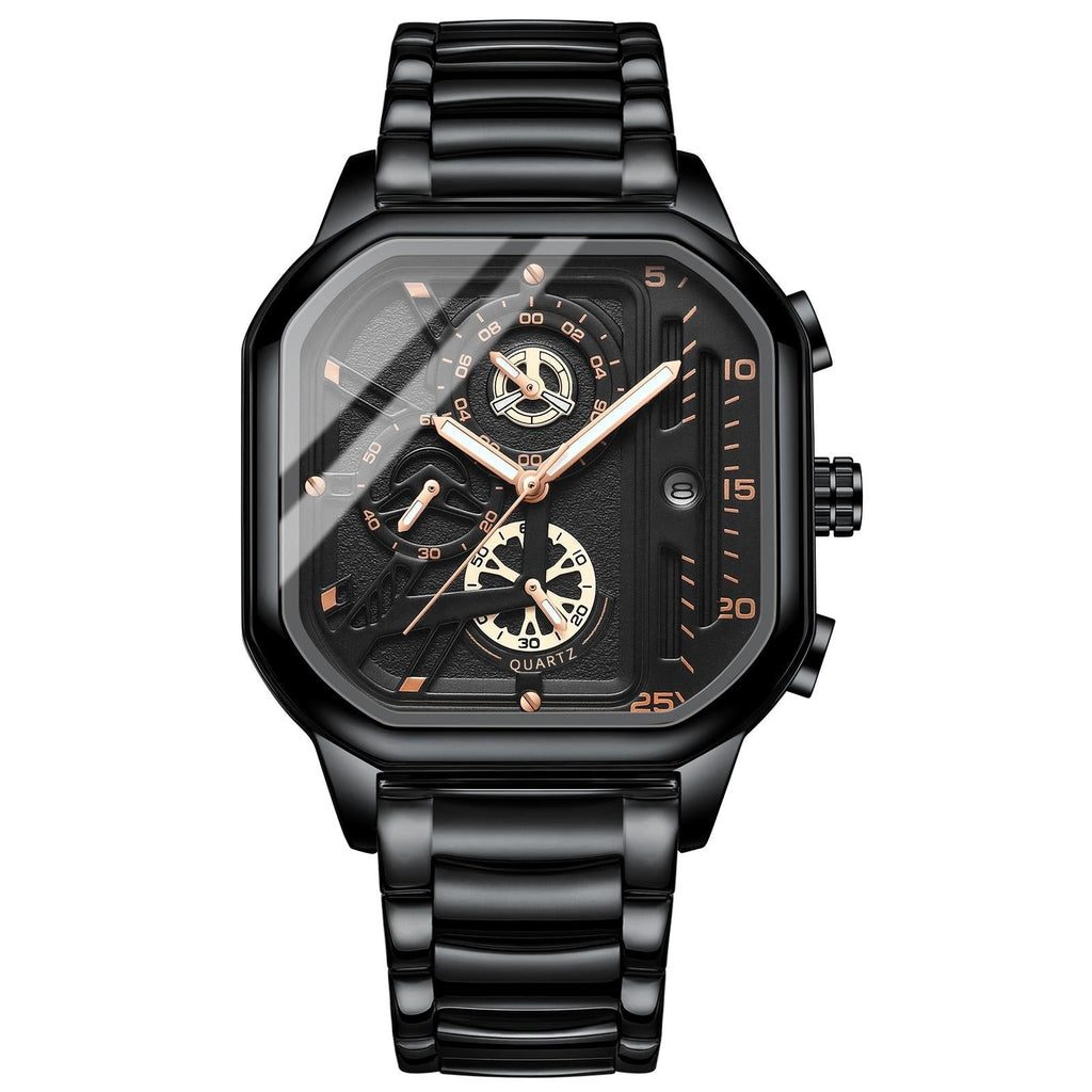 Waterproof Luminous Square Quartz Watch In Black Steel And Rose Gold - 30M-1915197652358795264