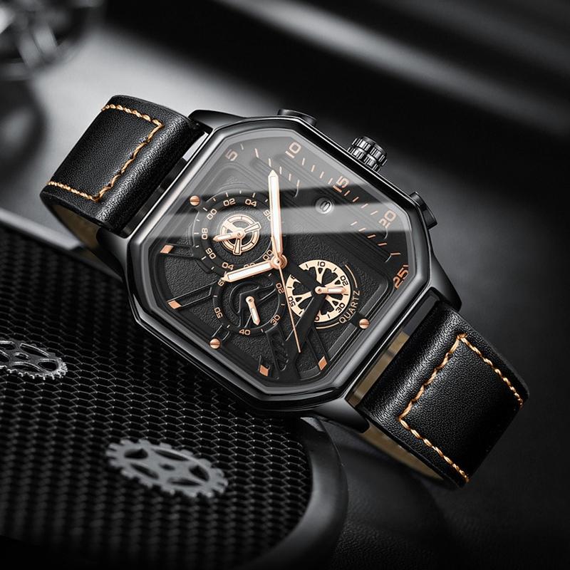 Waterproof Luminous Square Quartz Watch In Black Steel And Rose Gold - 30M-1915197652358795267
