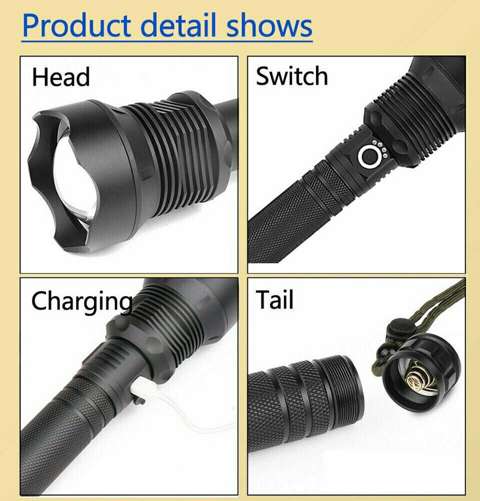 99000LM Ultra Bright LED Tactical Flashlight 3-Modes Zoom Torch USB Charging