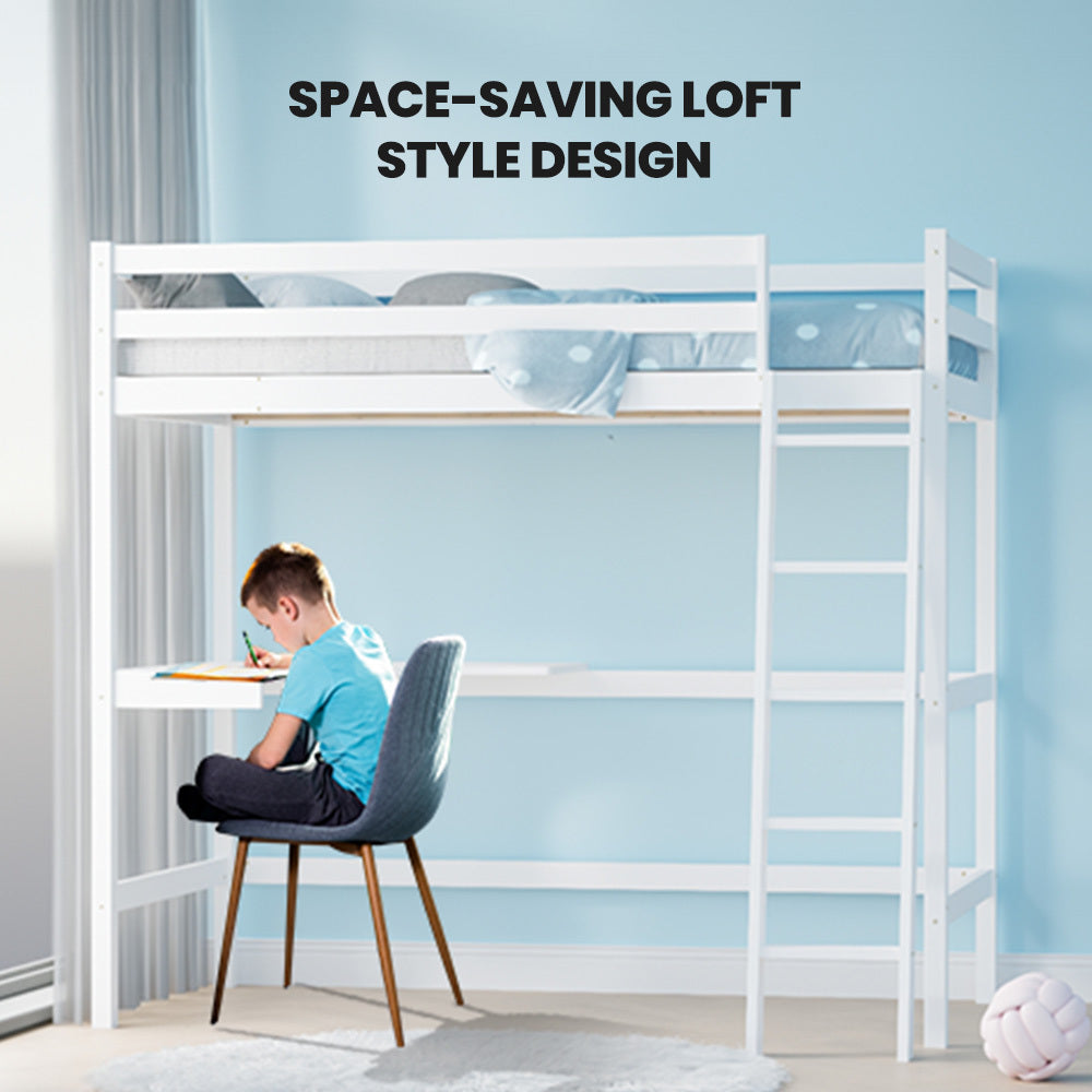 KINGSTON SLUMBER Wooden Kids Single Loft Bed Frame with Desk - White