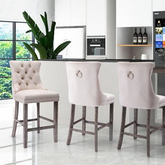 2X Velvet Bar Stools with Studs Trim Wooden Legs Tufted Dining Chairs Kitchen