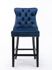 2X Velvet Bar Stools with Studs Trim Wooden Legs Tufted Dining Chairs Kitchen