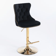 4x Height Adjustable Swivel Bar Stool Velvet Studs Barstool with Footrest and Golden Base- Black