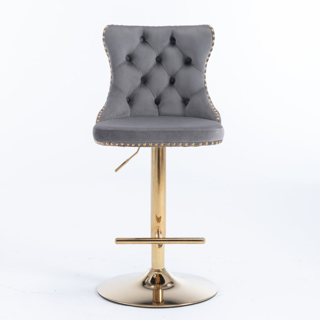 4x Height Adjustable Swivel Bar Stool Velvet Studs Barstool with Footrest and Golden Base- Grey