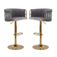 2x Height Adjustable Grey Swivel Bar Stool Velvet Golden Round Base Barstools Chairs