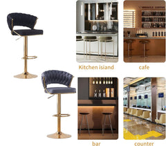 2x Height Blue Velvet Padded Golden Round Base Barstools Chairs