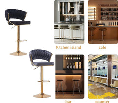 2x Height Grey Velvet Padded Golden Round Base Barstools Chairs